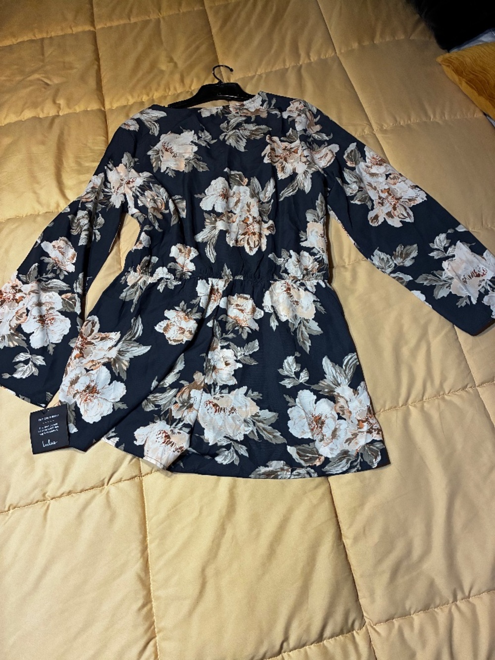Lulu's Navy Floral Long Sleeve Romper with Cream & Beige Blooms